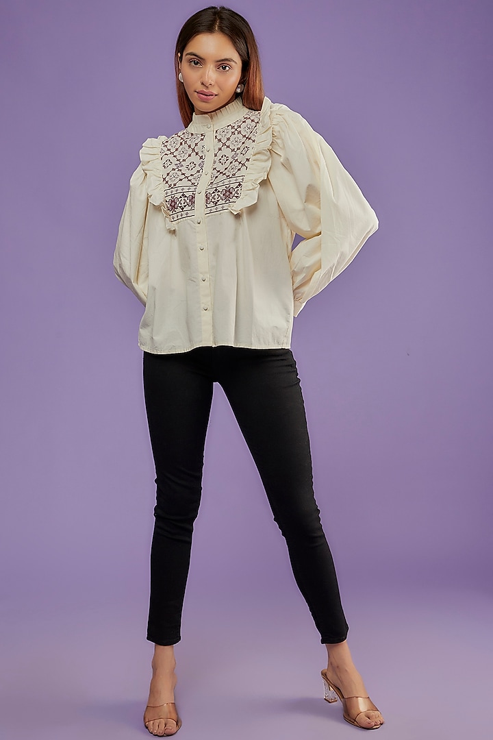 Ivory Cotton Embroidered Shirt by Moihno