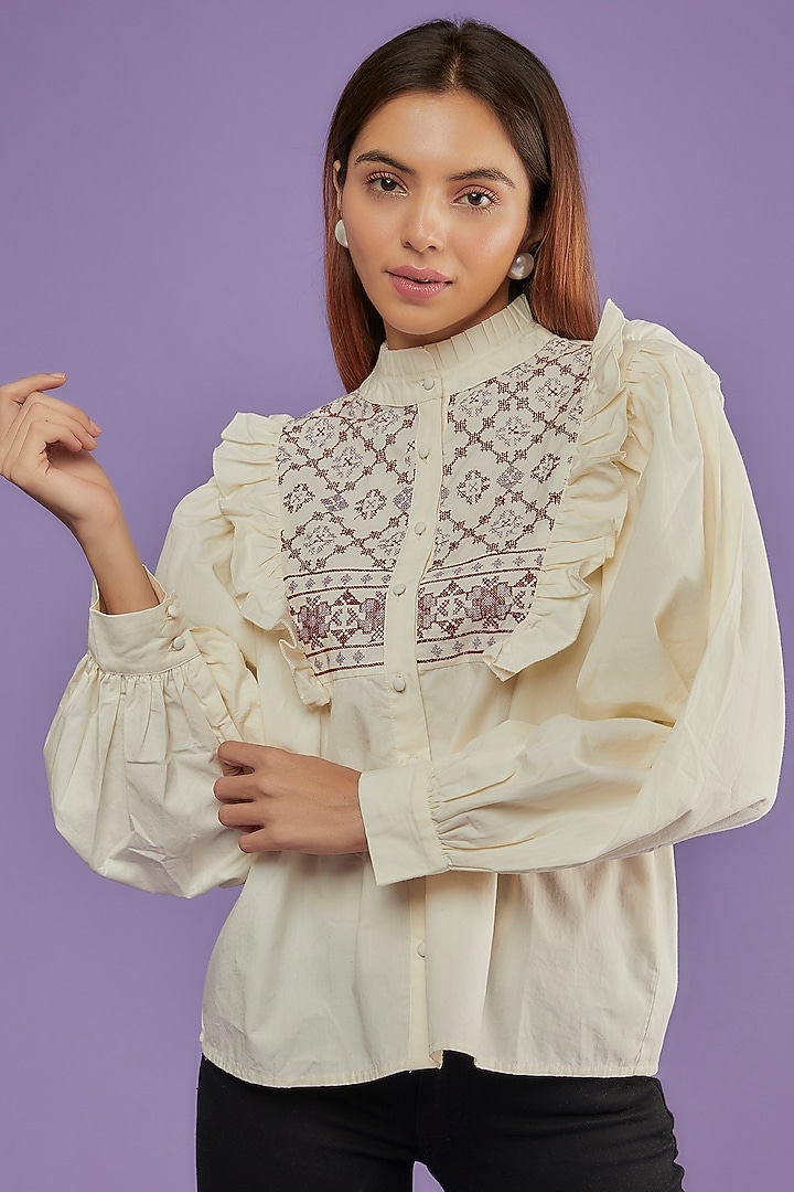 Ivory Cotton Embroidered Shirt by Moihno at Pernia's Pop Up Shop