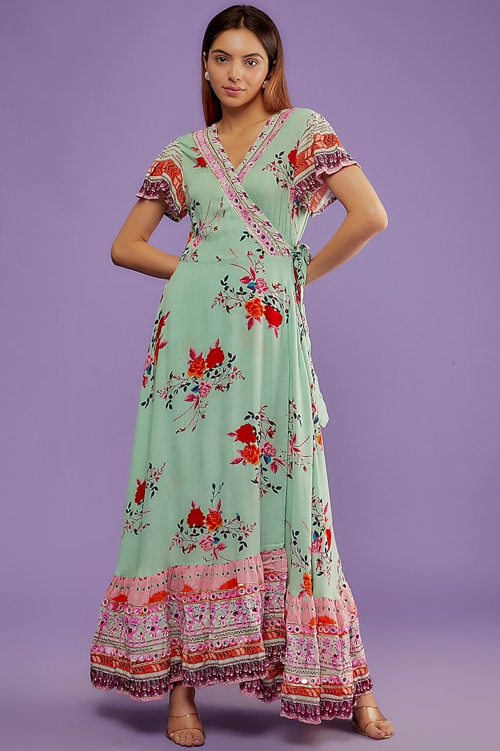 Multi-Colored Rayon Crepe Printed & Embroidered Maxi Dress by Moihno at Pernia's Pop Up Shop