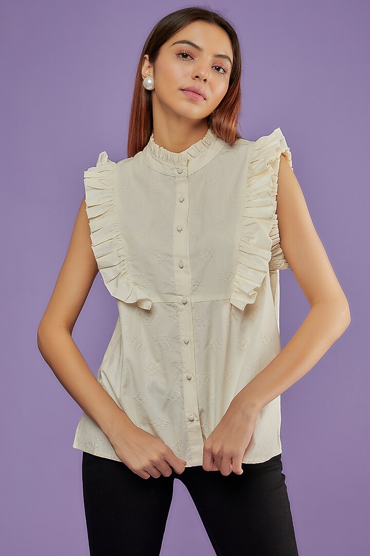 Ivory Cotton Embroidered Shirt by Moihno at Pernia's Pop Up Shop