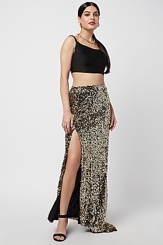Gold Sequins Embellished Maxi Skirt by Moihno