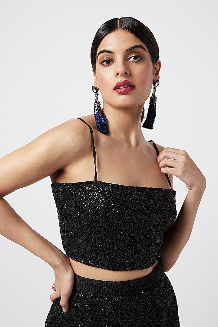 Black Sequins Embellished Crop Top by Moihno at Pernia's Pop Up Shop