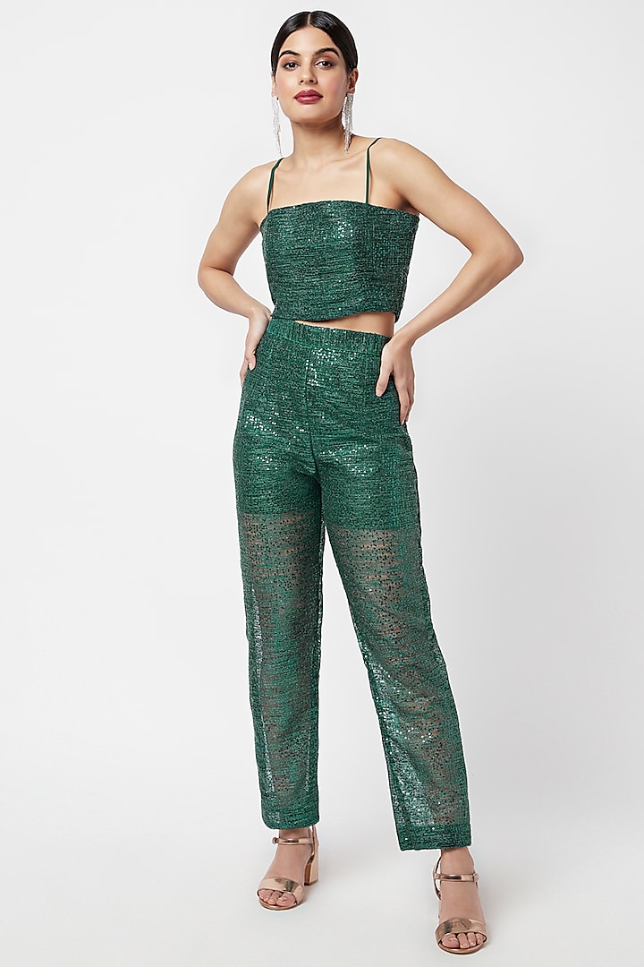 Emerald Green Sequins Embroidered Crop Top by Moihno