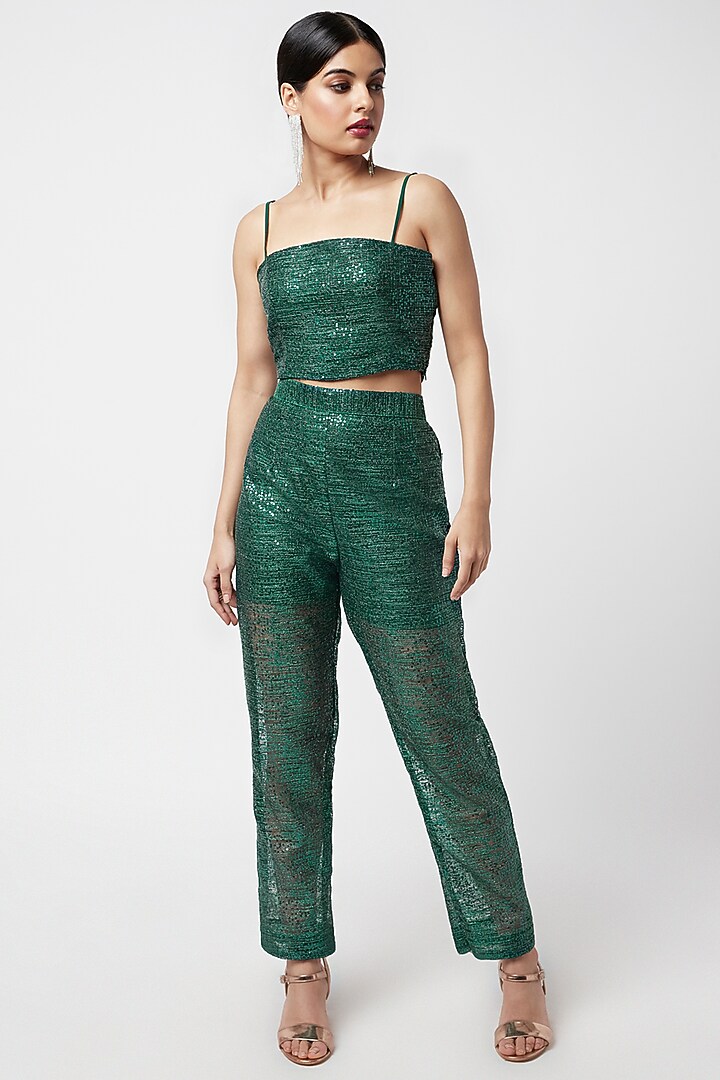 Emerald Green Sequins Embroidered Crop Top by Moihno at Pernia's Pop Up Shop