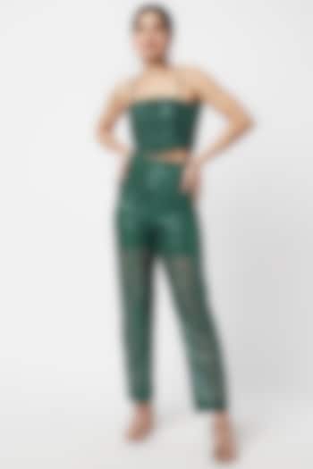 Emerald Green Lace Sheer Trousers by Moihno