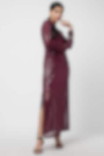 Wine Mesh Embellished Sheer Maxi Dress by Moihno
