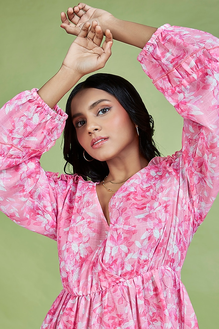 Light Pink Cotton Linen Floral Printed Knee-Length Overlap Summer Dress by Moihno at Pernia's Pop Up Shop