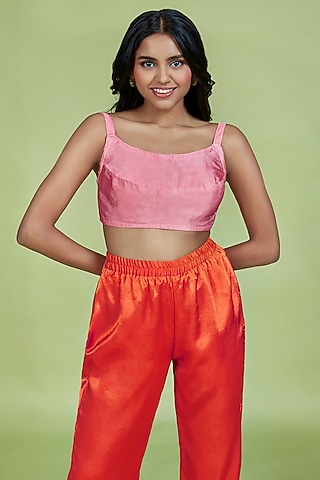 Old Rose Pink Gajji Silk Sleeveless Blouse by Moihno
