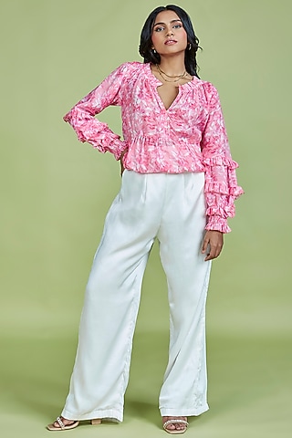 Light Pink Cotton Linen Floral Printed Top by Moihno