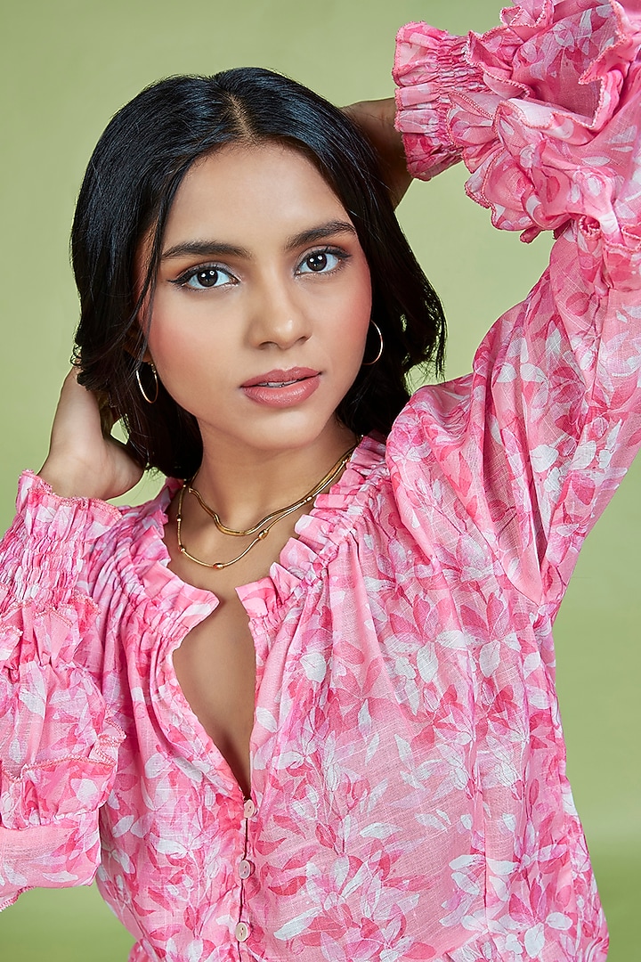 Light Pink Cotton Linen Floral Printed Top by Moihno at Pernia's Pop Up Shop