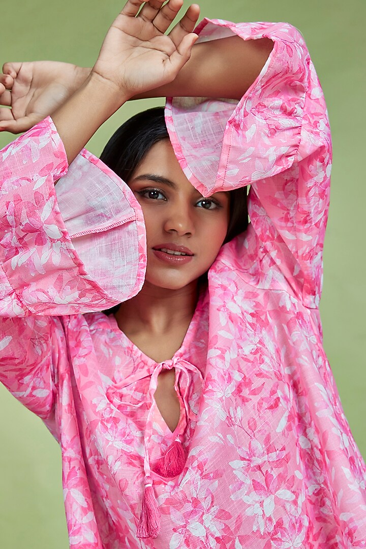 Light Pink Cotton Linen Floral Printed Ruffled Mini Summer Dress by Moihno at Pernia's Pop Up Shop