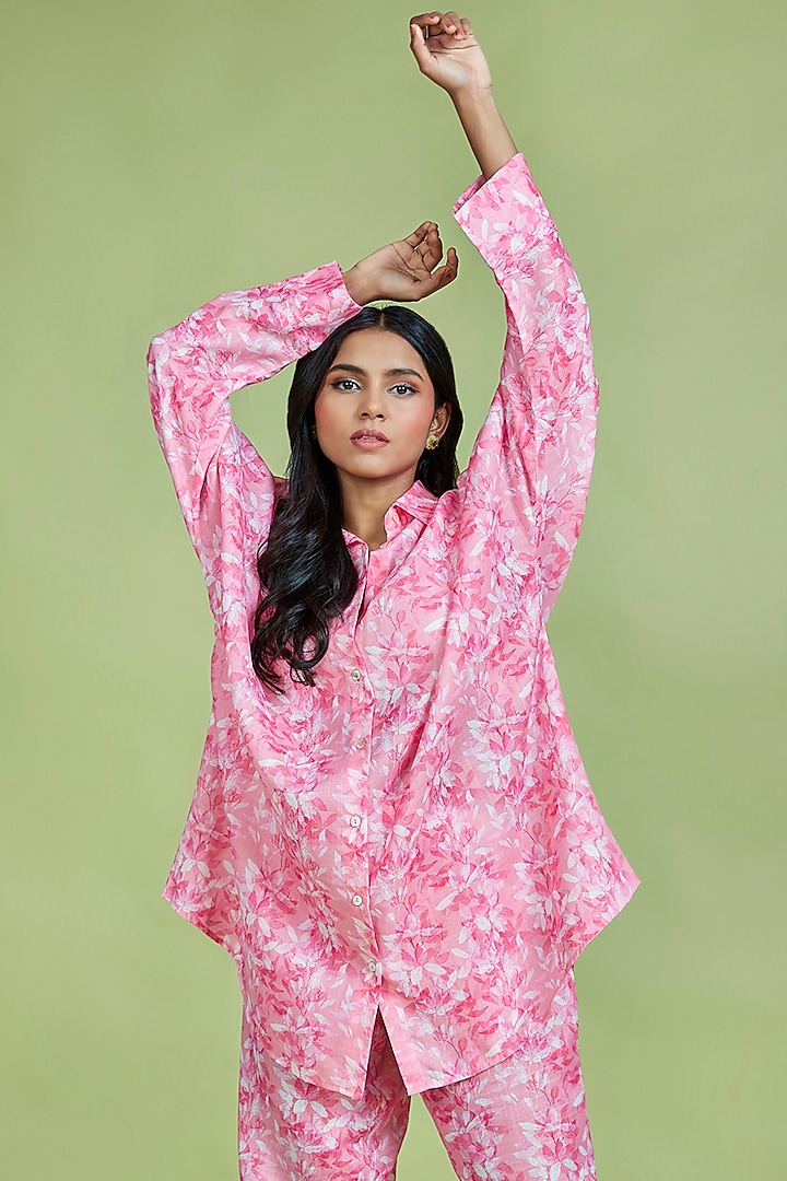 Light Pink Cotton Linen Floral Printed Oversized Shirt by Moihno