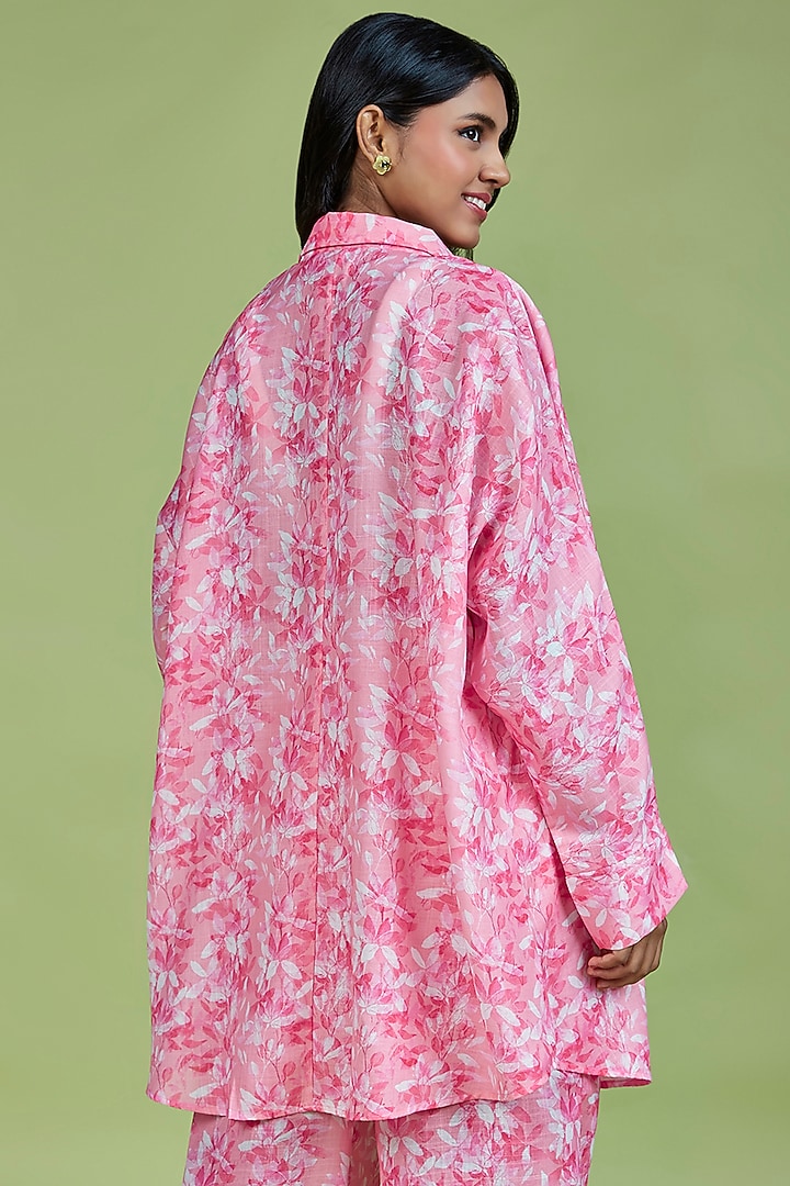 Light Pink Cotton Linen Floral Printed Oversized Shirt by Moihno at Pernia's Pop Up Shop