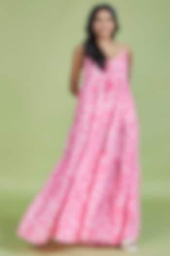 Light Pink Cotton Linen Floral Printed Flared Maxi Dress by Moihno at Pernia's Pop Up Shop