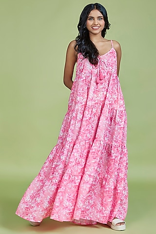 Light Pink Cotton Linen Floral Printed Flared Maxi Dress by Moihno