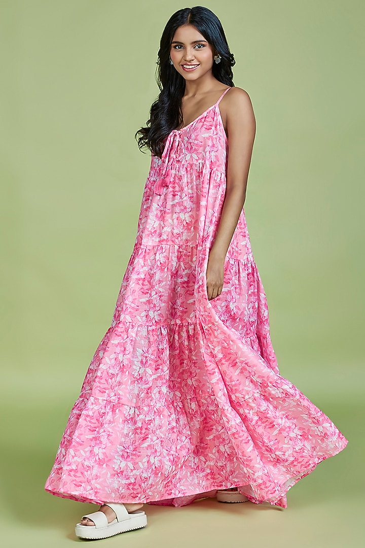 Light Pink Cotton Linen Floral Printed Flared Maxi Summer Dress by Moihno at Pernia's Pop Up Shop