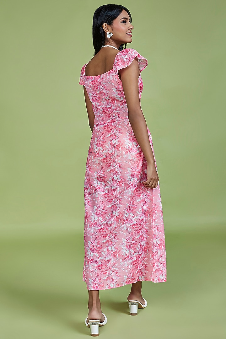 Light Pink Cotton Linen Floral Printed Ruffled Midi Summer Dress by Moihno at Pernia's Pop Up Shop
