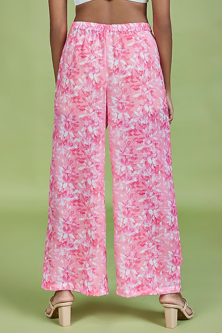 Light Pink Cotton Linen Floral Printed Palazzo Pants by Moihno at Pernia's Pop Up Shop