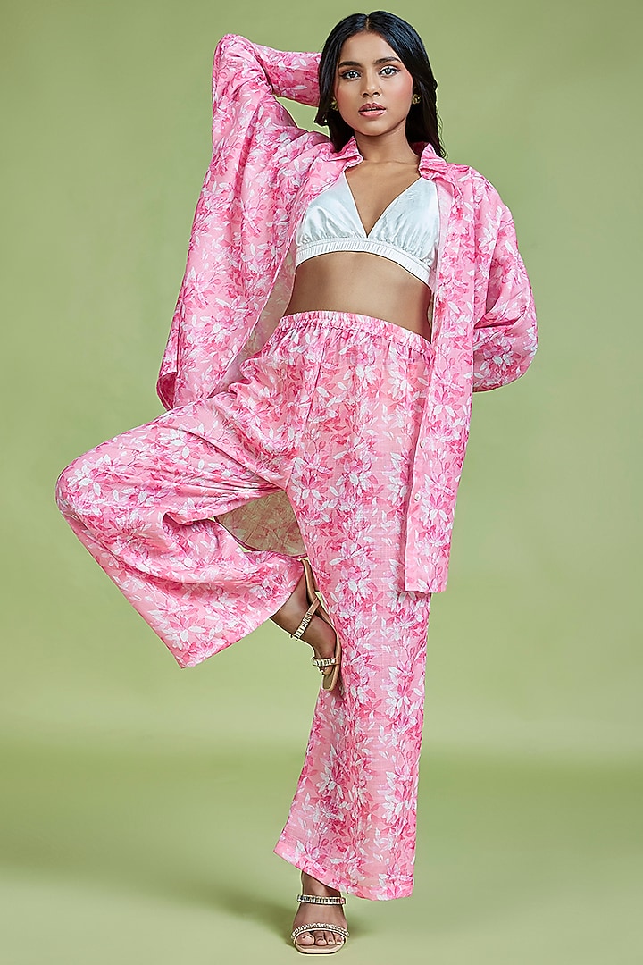Light Pink Cotton Linen Floral Printed Palazzo Pants by Moihno at Pernia's Pop Up Shop