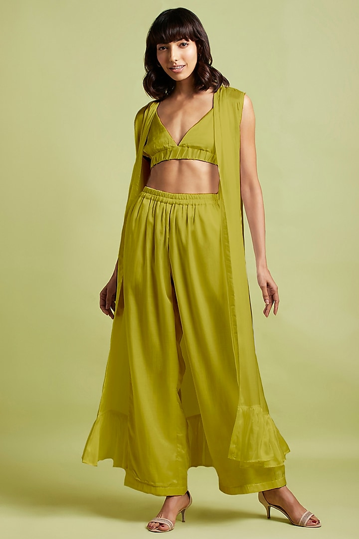 Olive Satin Georgette Pant Set by Moihno