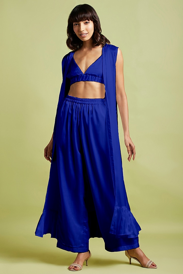 Blue Satin Georgette Pant Set by Moihno