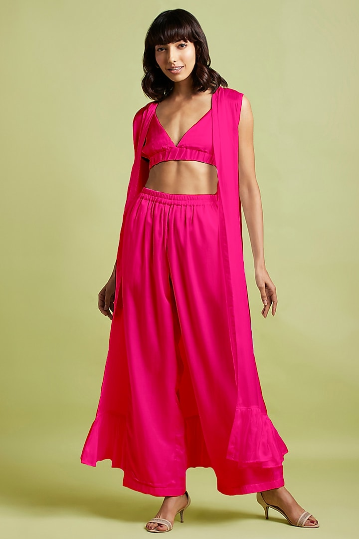 Pink Satin Georgette Pant Set by Moihno