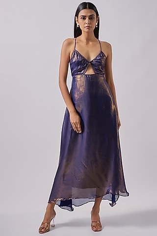Purple Silk Metallic Cut-out Maxi Dress by Moihno