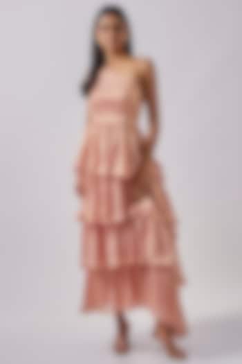 Peach Silk Metallic One-Shoulder Layered Maxi Dress by Moihno