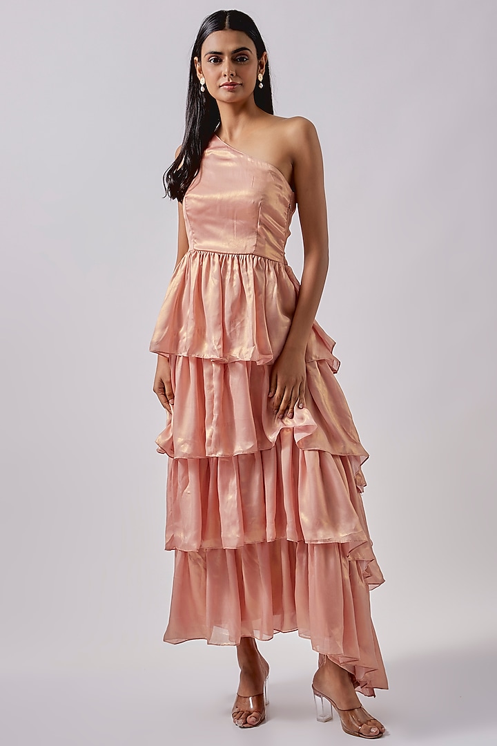 Peach Silk Metallic One-Shoulder Layered Maxi Dress by Moihno