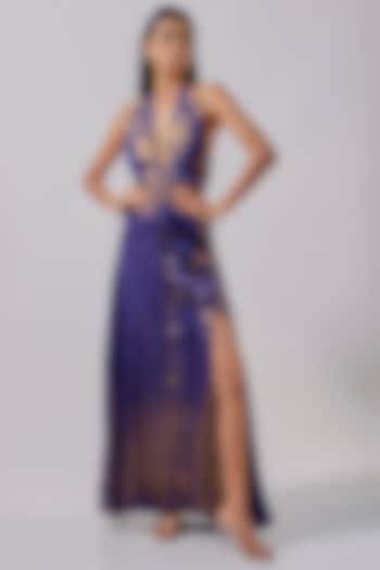Purple Silk Metallic Halter-Neck Maxi Dress by Moihno