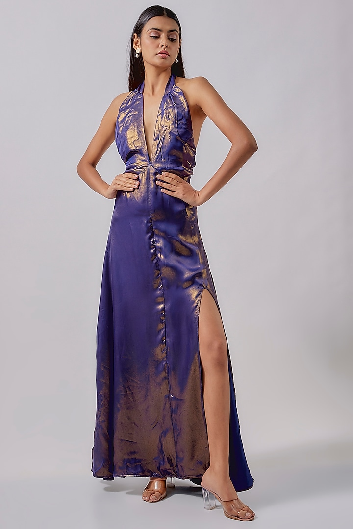 Purple Silk Metallic Halter-Neck Maxi Dress by Moihno