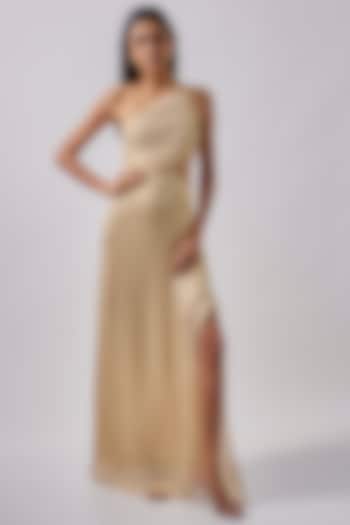 Gold Silk Metallic Ruched Asymmetric Maxi Dress by Moihno