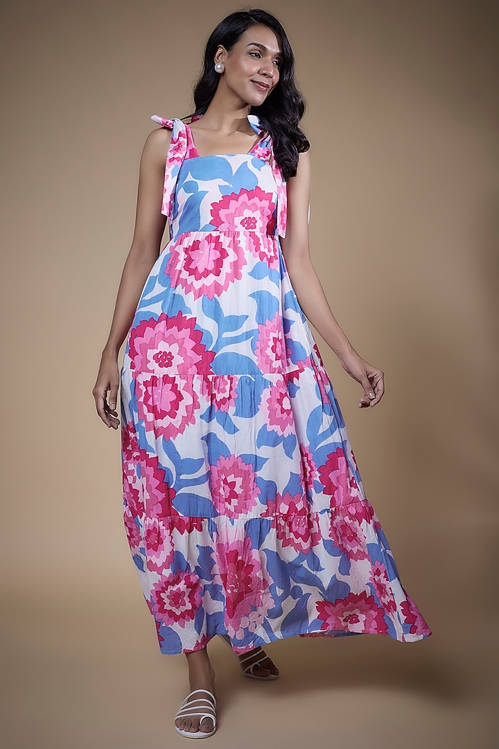 Multi-Colored Cotton Printed Maxi Dress by Moihno