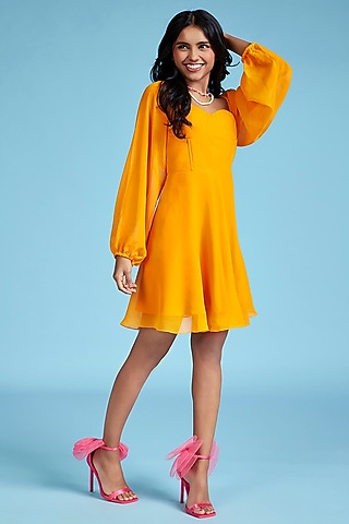 Mustard Georgette Dress by Moihno