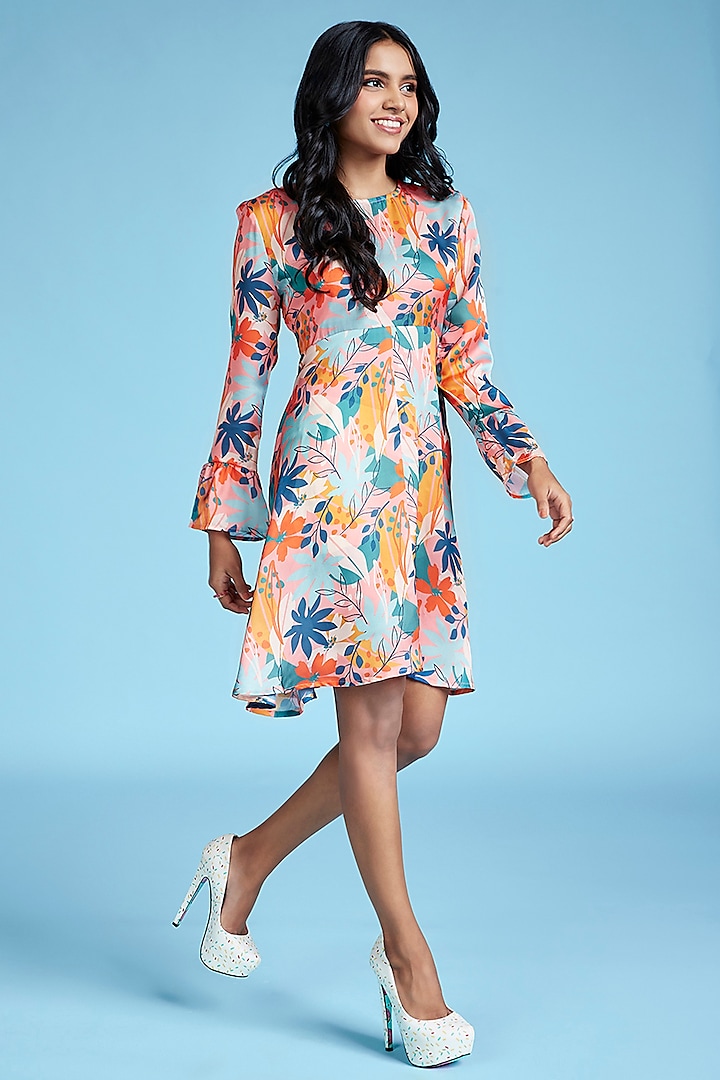 Multi-Colored Satin Floral Printed Dress by Moihno