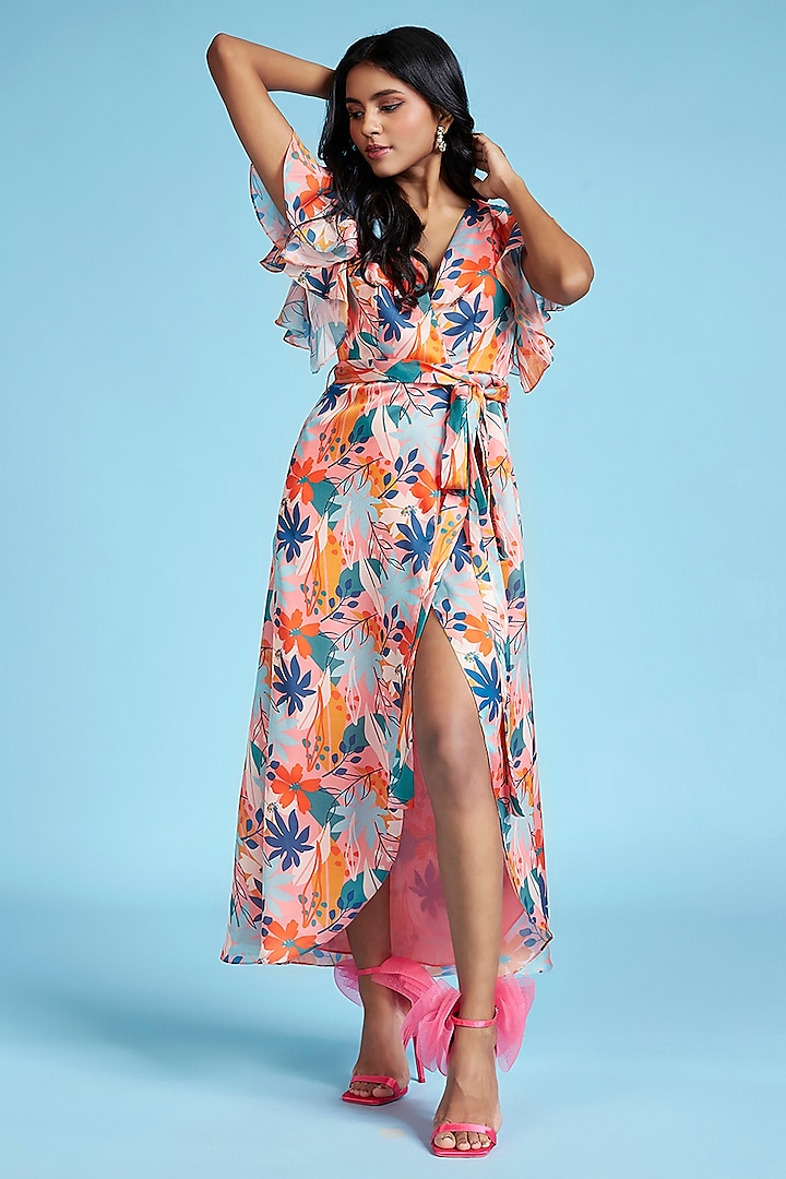 Multi-Colored Satin Floral Printed Midi Dress by Moihno at Pernia's Pop Up Shop