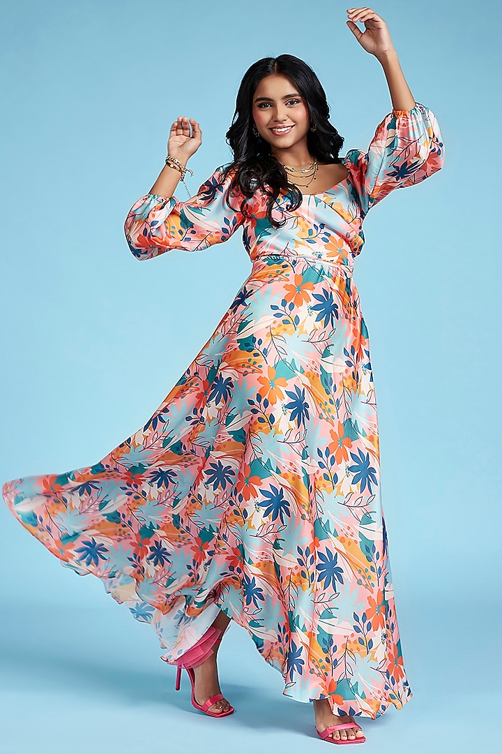 Multi-Colored Satin Floral Printed Maxi Dress by Moihno at Pernia's Pop Up Shop