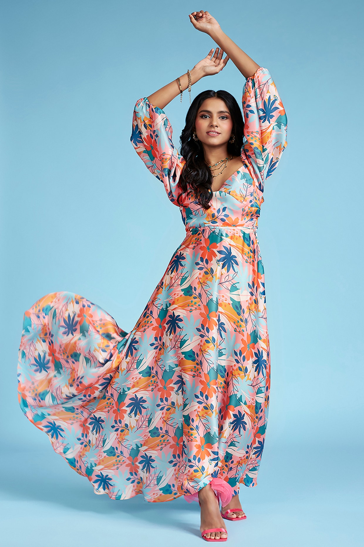 Satin floral hot sale maxi dress