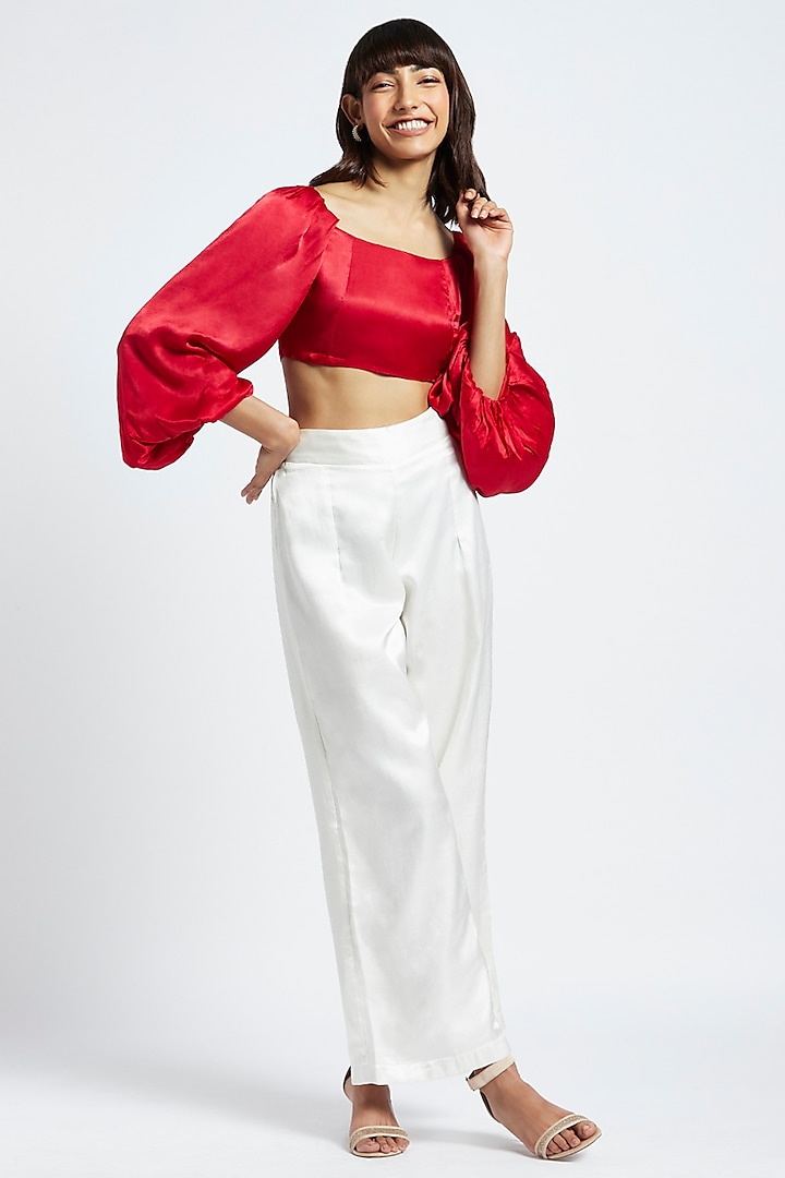 Scarlet Red Gajji Silk Crop Top by Moihno