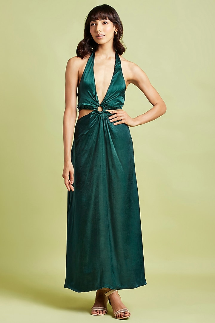 Emerald Green Gajji Silk Maxi Dress by Moihno