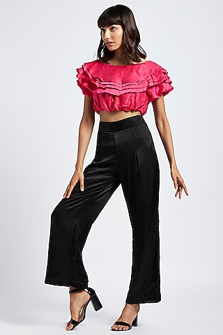 Midnight Black Gajji Silk Palazzo Pants by Moihno