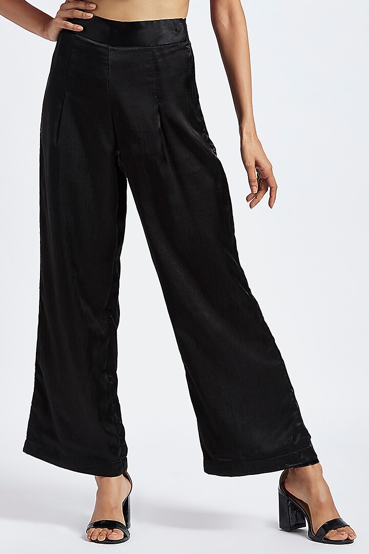 Midnight Black Gajji Silk Palazzo Pants by Moihno at Pernia's Pop Up Shop