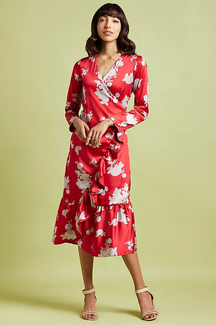 Red Printed Midi Dress by Moihno