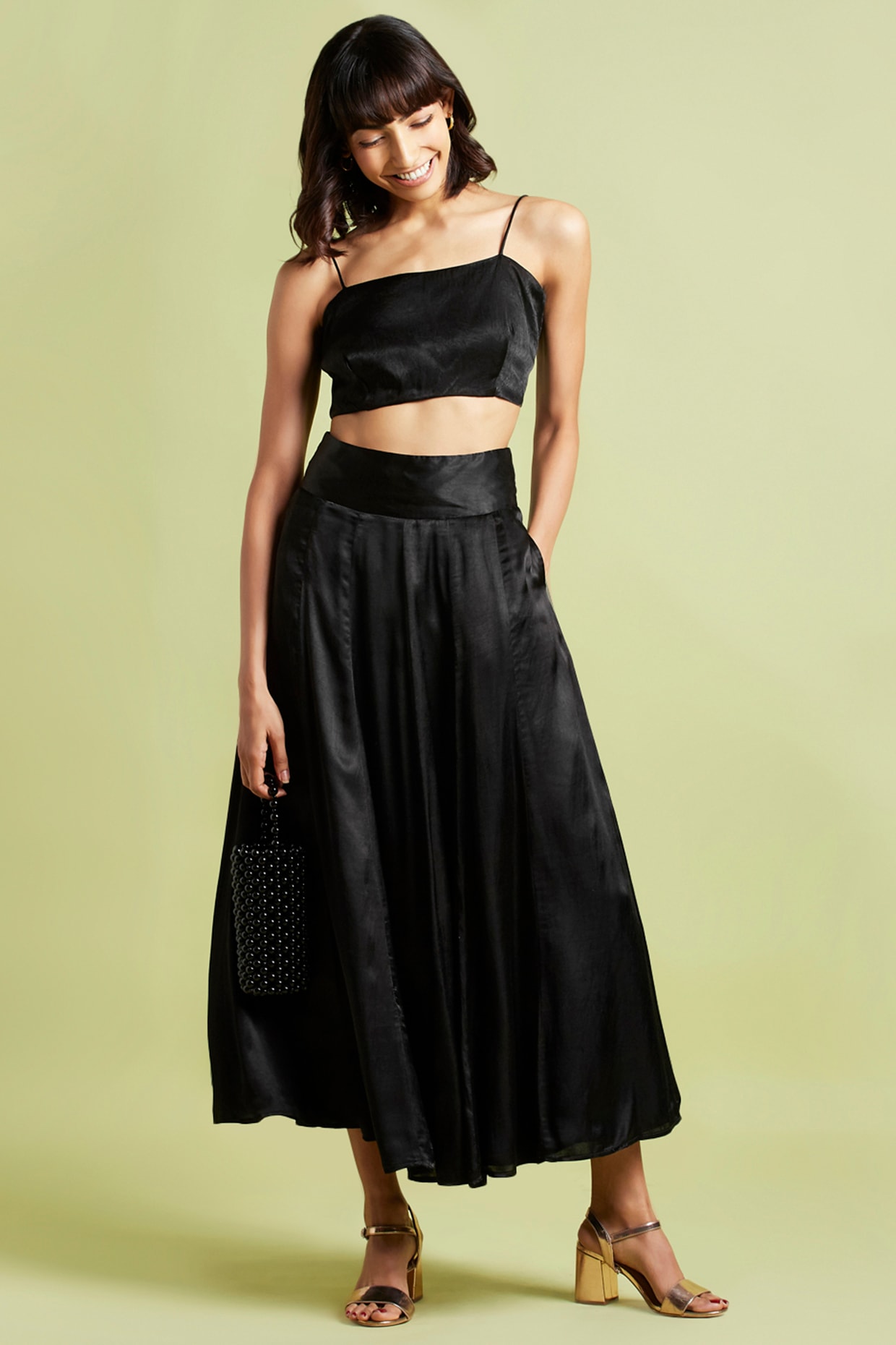 Black satin flare skirt best sale