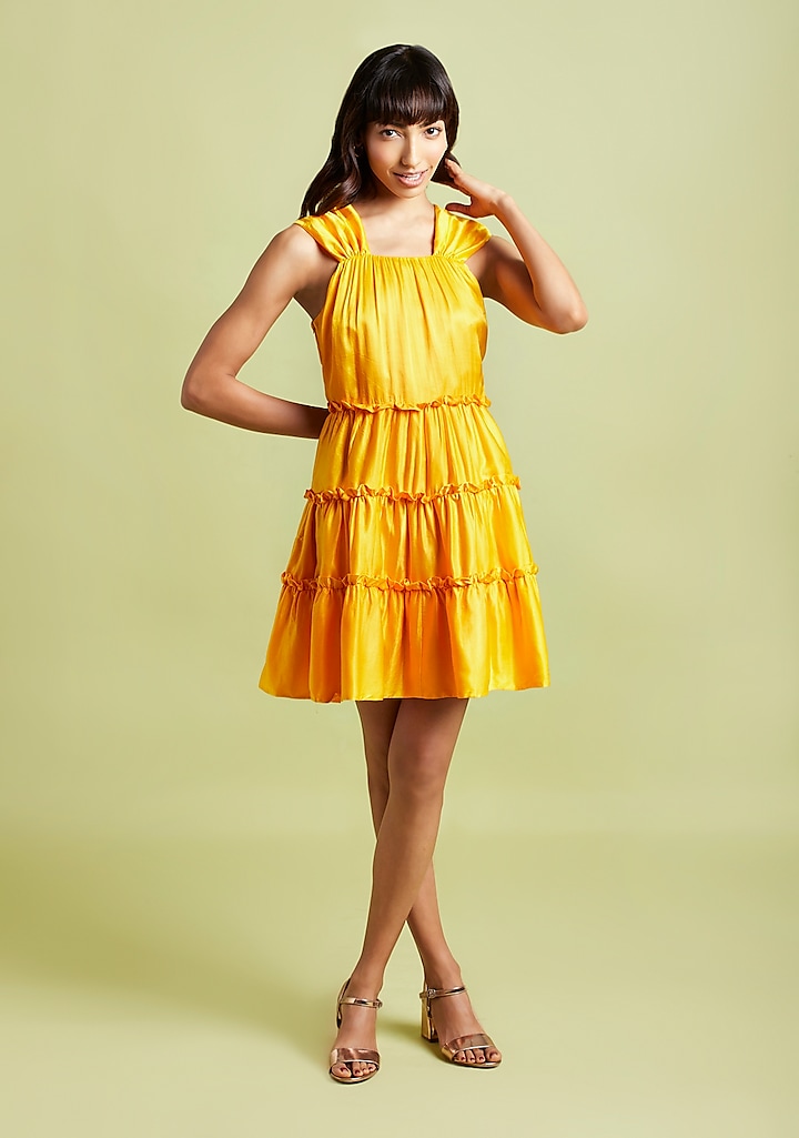 Spicy Mustard Gajji Silk Mini Dress by Moihno at Pernia's Pop Up Shop