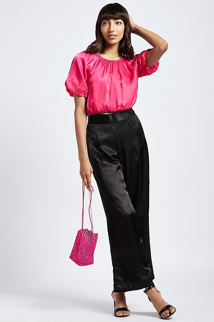 Fuchsia Pink Gajji Silk Crop Top by Moihno at Pernia's Pop Up Shop