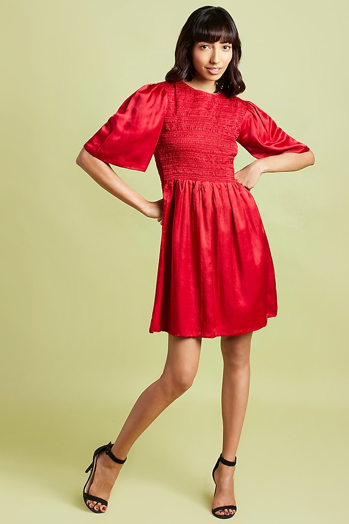 Scarlet Red Gajji Silk Mini Dress by Moihno