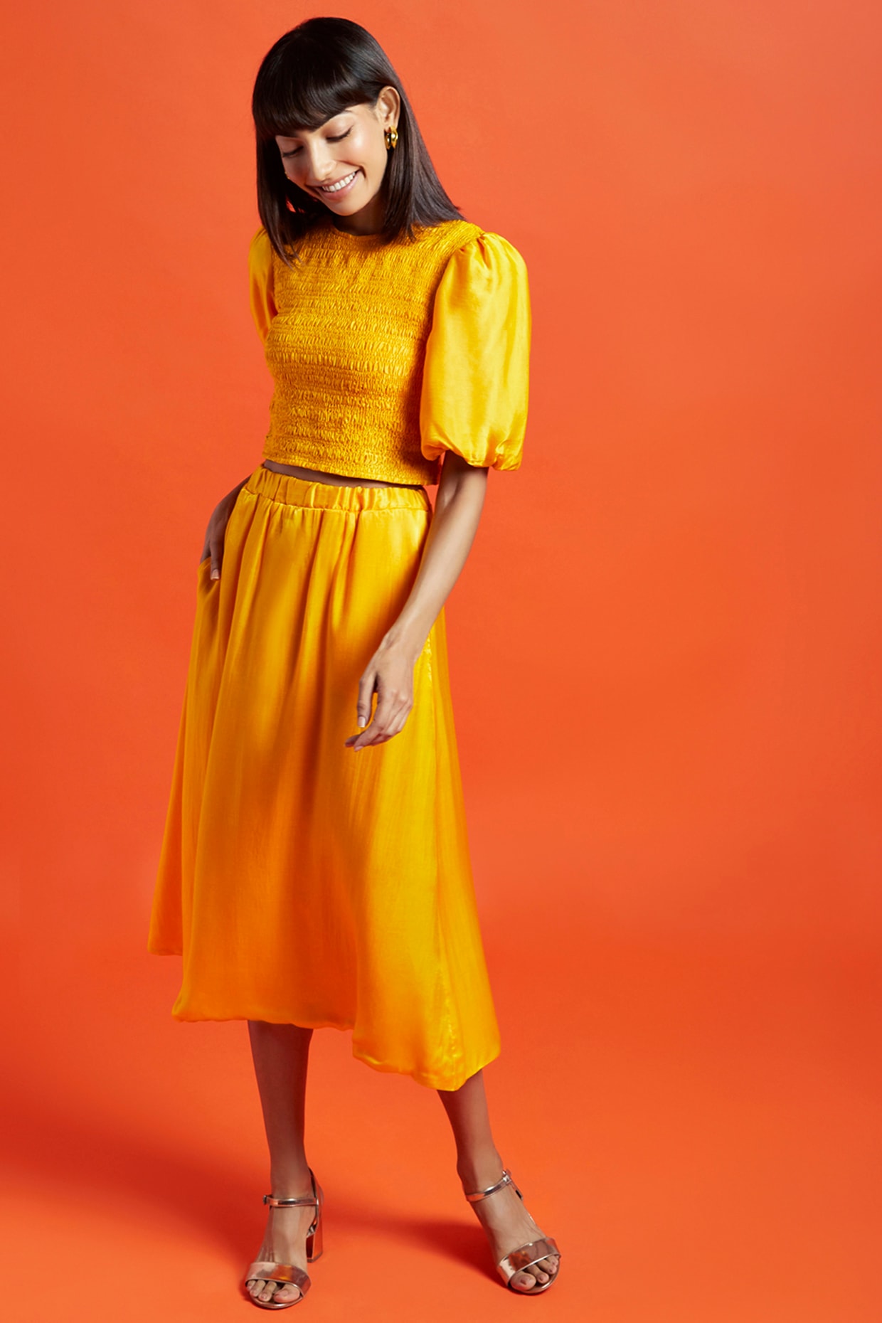 Spicy Mustard Gajji Silk Midi Skirt by Moihno at Pernia s Pop Up Shop 2024