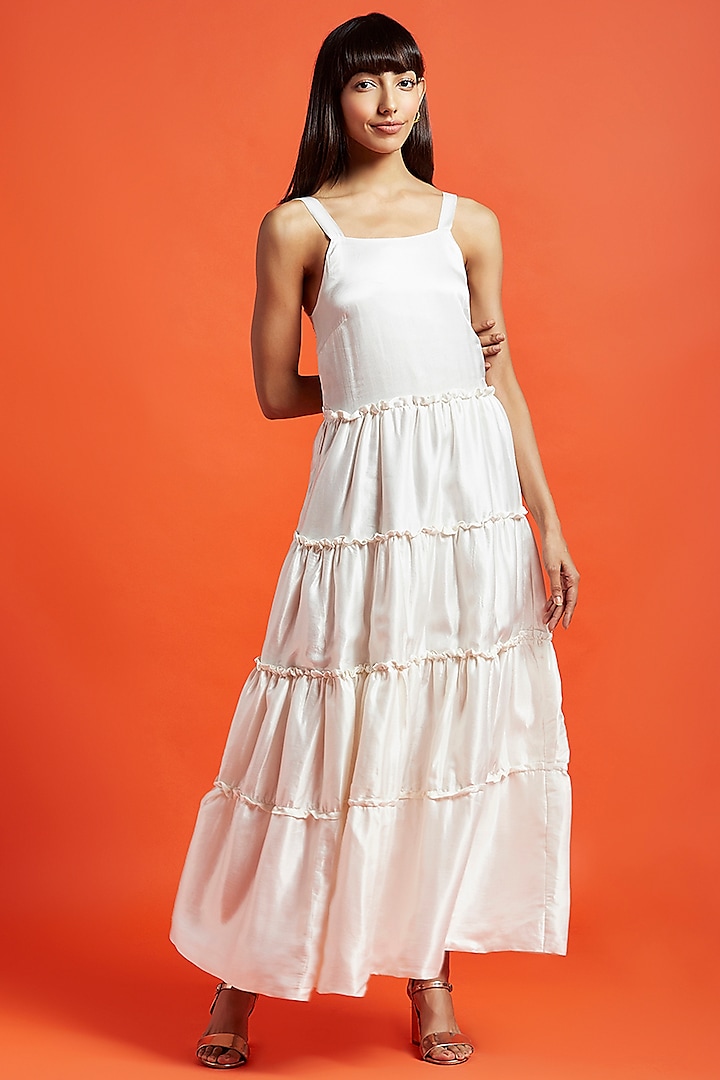 Oyster White Silk Maxi Tiered Dress by Moihno