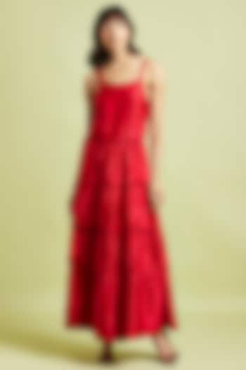 Scarlet Red Silk Maxi Tiered Dress by Moihno